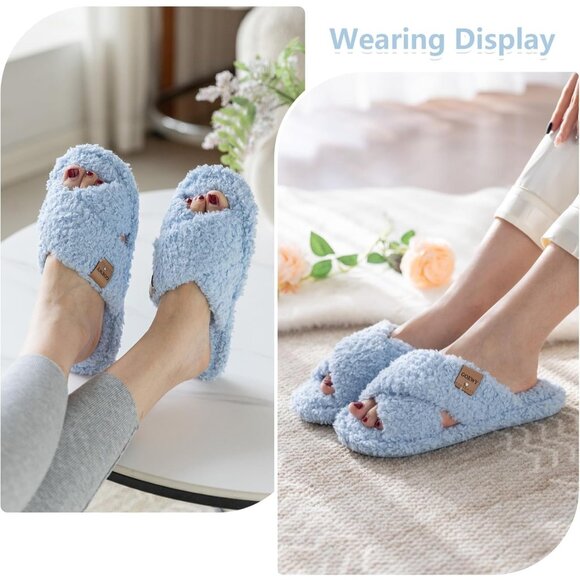 ⚡Women’s Sky Blue Faux Fur Cozy Fuzzy Cross Band Slippers Indoor House Shoes - Picture 2 of 6